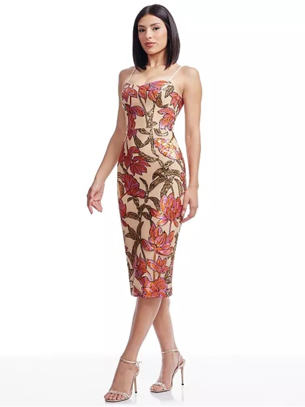 Dress the Population Beige Midi Dress with Pink Floral Print